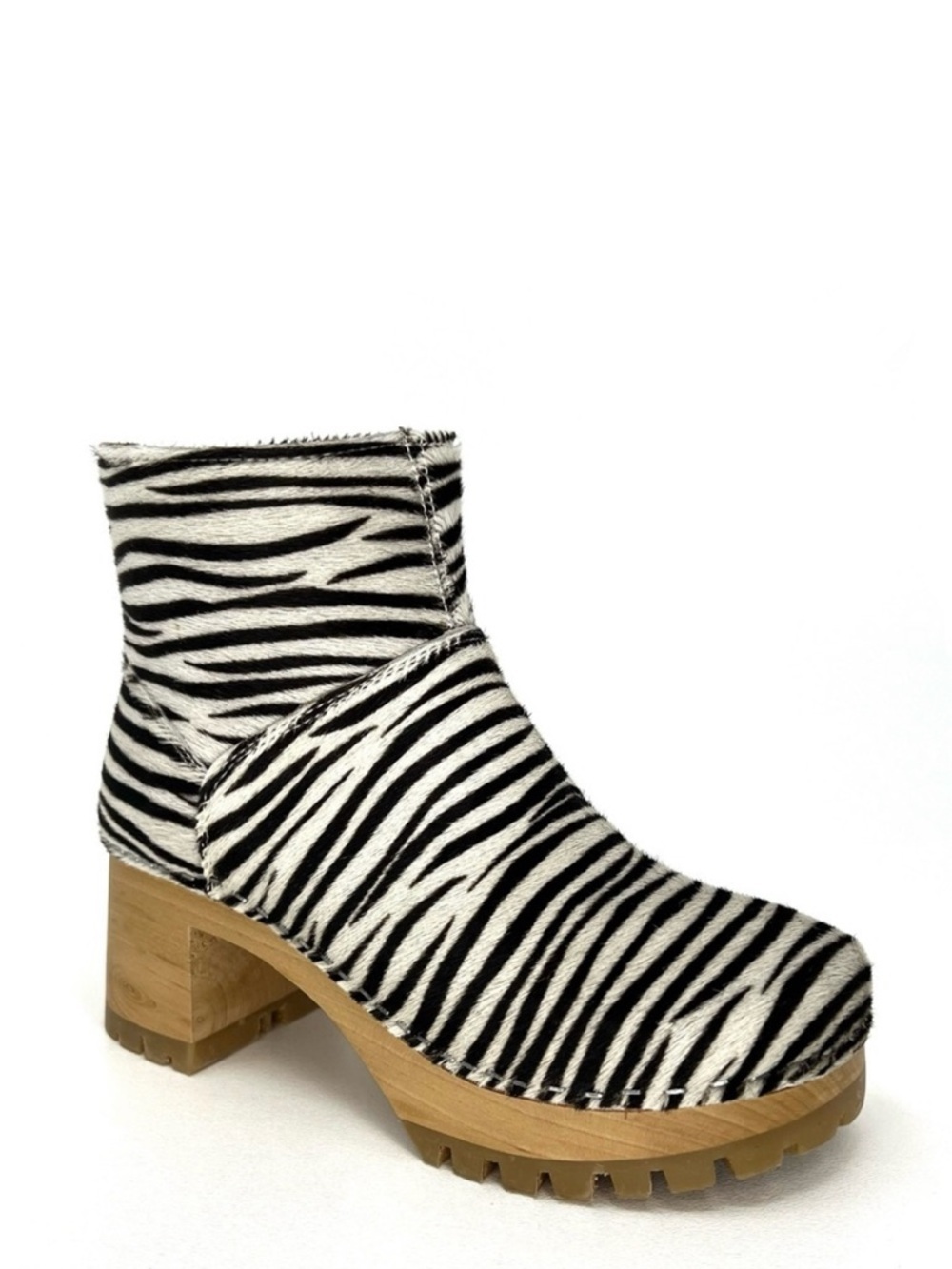 NEW Swedish Hasbeens Zebra Print Calf Hair Wooden Clog Booties Size 36/6 New
